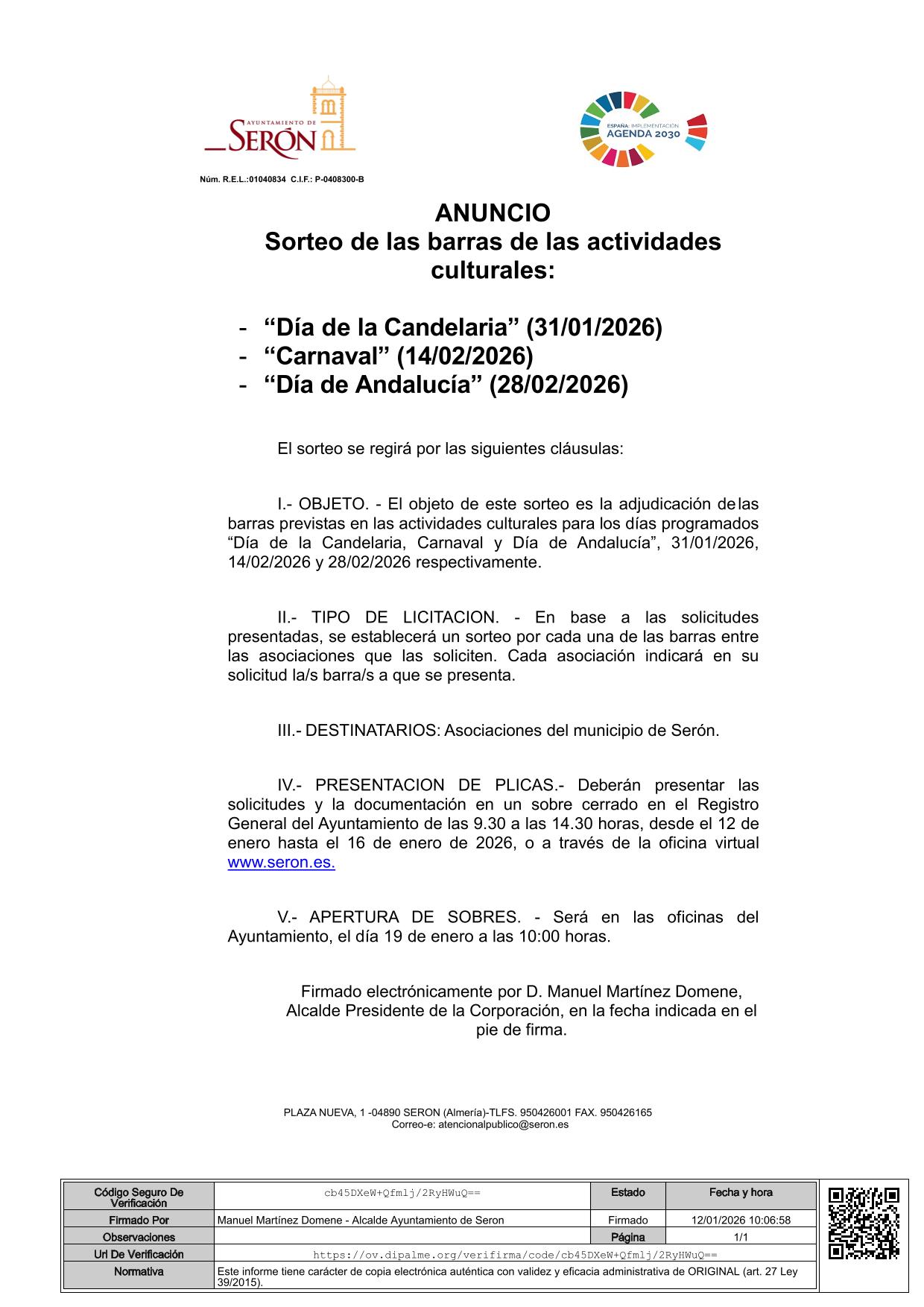 ANUNCIO Sorteo de las barras de las actividades culturales:  -	“Día de la Candelaria” (31/01/2026) -	“Carnaval” (14/02/2026)  -	“Día de Andalucía” (28/02/2026)